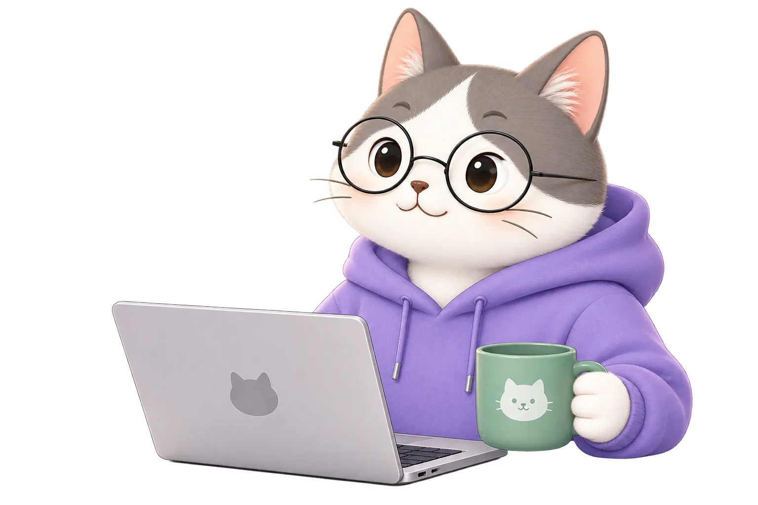 Winter喵品牌猫咪抱着薄荷绿马克杯坐在电脑前