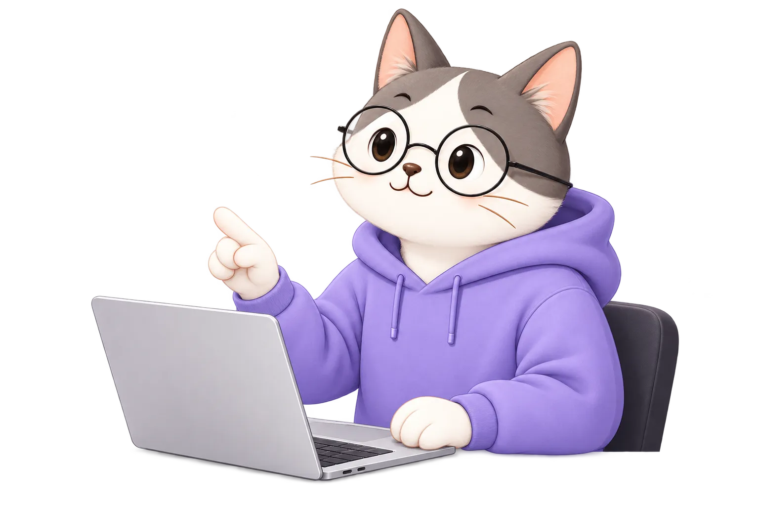戴圆框眼镜、穿薰衣草紫连帽衫的猫咪在电脑前讲解 App 开发